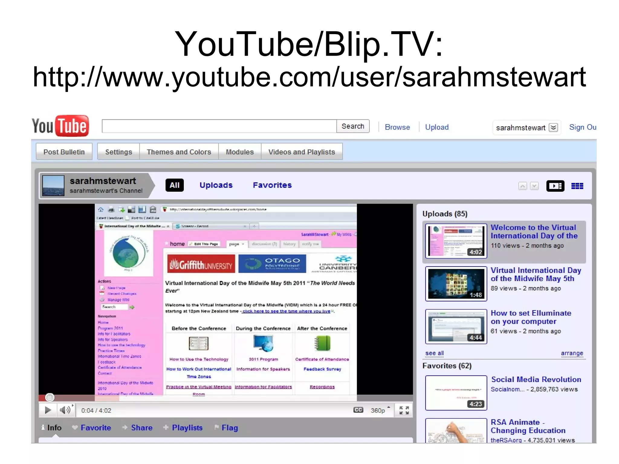 YouTube/Blip.TV:  http://www.youtube.com/user/sarahmstewart 