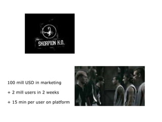100 mill USD in marketing

+ 2 mill users in 2 weeks

+ 15 min per user on platform
 