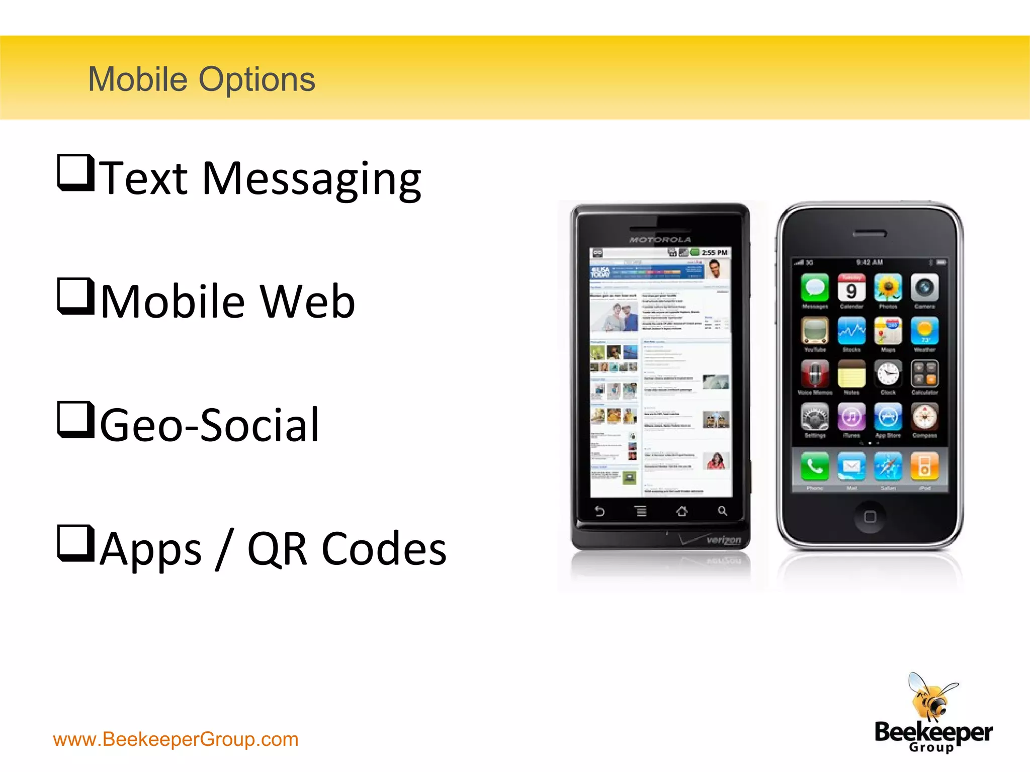 Mobile Options Text Messaging Mobile Web Geo-Social Apps / QR Codes 