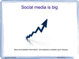 Social media is big




               More and detailed information and statistics available upon request



Vanguard Leadership                                                 March,2010 (c)
 