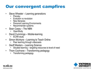 Our convergent campfires Steve Wheeler – Learning generations Prensky Evolution vs revolution New literacies Personal Learning Environments Recommender systems Sean Casey – The NBN OpenStudy David Cummings – Mobile-learning ECAR study Simon McIntyre – Learning to Teach Online Peer learning through videocasts Geoff Masters – Learning Science Situated learning – targeting resources to level of need Thom Cochrane – Transforming pedagogy Transforming pedagogy 
