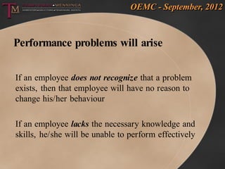 OEMC - September, 2012



Performance problems will arise


If an employee does not recognize that a problem
exists, then that employee will have no reason to
change his/her behaviour

If an employee lacks the necessary knowledge and
skills, he/she will be unable to perform effectively
 