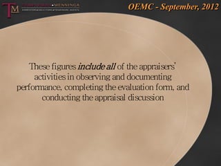OEMC - September, 2012




   These figures include all of the appraisers’
     activities in observing and documenting
performance, completing the evaluation form, and
       conducting the appraisal discussion
 