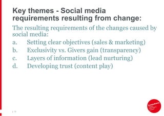Key themes - Social media requirements resulting from change: The resulting requirements of the changes caused by social media: a. Setting clear objectives (sales & marketing) b. Exclusivity vs. Givers gain (transparency)  c. Layers of information (lead nurturing) d. Developing trust (content play)  |   