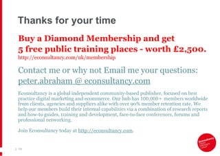 Thanks for your time Buy a Diamond Membership and get  5 free public training places - worth £2,500. http://econsultancy.com/uk/membership Contact me or why not Email me your questions: peter.abraham @ econsultancy.com Econsultancy is a global independent  community -based publisher, focused on  best practice  digital marketing and ecommerce. Our hub has  100,000+ members  worldwide from clients, agencies and suppliers alike with over 90% member retention rate. We  help  our members  build  their internal  capabilities  via a combination of research  reports  and how-to guides,  training  and development, face-to-face  conferences , forums and professional  networking . Join Econsultancy today at  http://econsultancy.com . |   154 