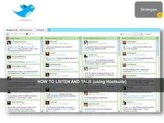 HOW TO LISTEN AND TALK (using Hootsuite)
Strategies
3
 