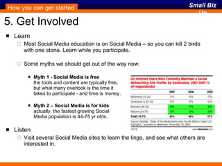 5. Get Involved Learn Most Social Media education is on Social Media – so you can kill 2 birds with one stone. Learn while you participate. Some myths we should get out of the way now: Myth 1 - Social Media is free the tools and content are typically free,  but what many overlook is the time it  takes to participate - and time is money. Myth 2 – Social Media is for kids actually, the fastest growing Social  Media population is 44-75 yr olds. Listen Visit several Social Media sites to learn the lingo, and see what others are interested in.  How you can get started 