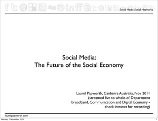 Social Media Social Networks




                                    Social Media:
                          The Future of the Social Economy



                                          Laurel Papworth, Canberra Australia, Nov 2011
                                                  (streamed live to whole-of-Department
                                       Broadband, Communication and Digital Economy -
                                                            check intranet for recording)

    laurelpapworth.com
Monday, 7 November 2011                                                                             1
 