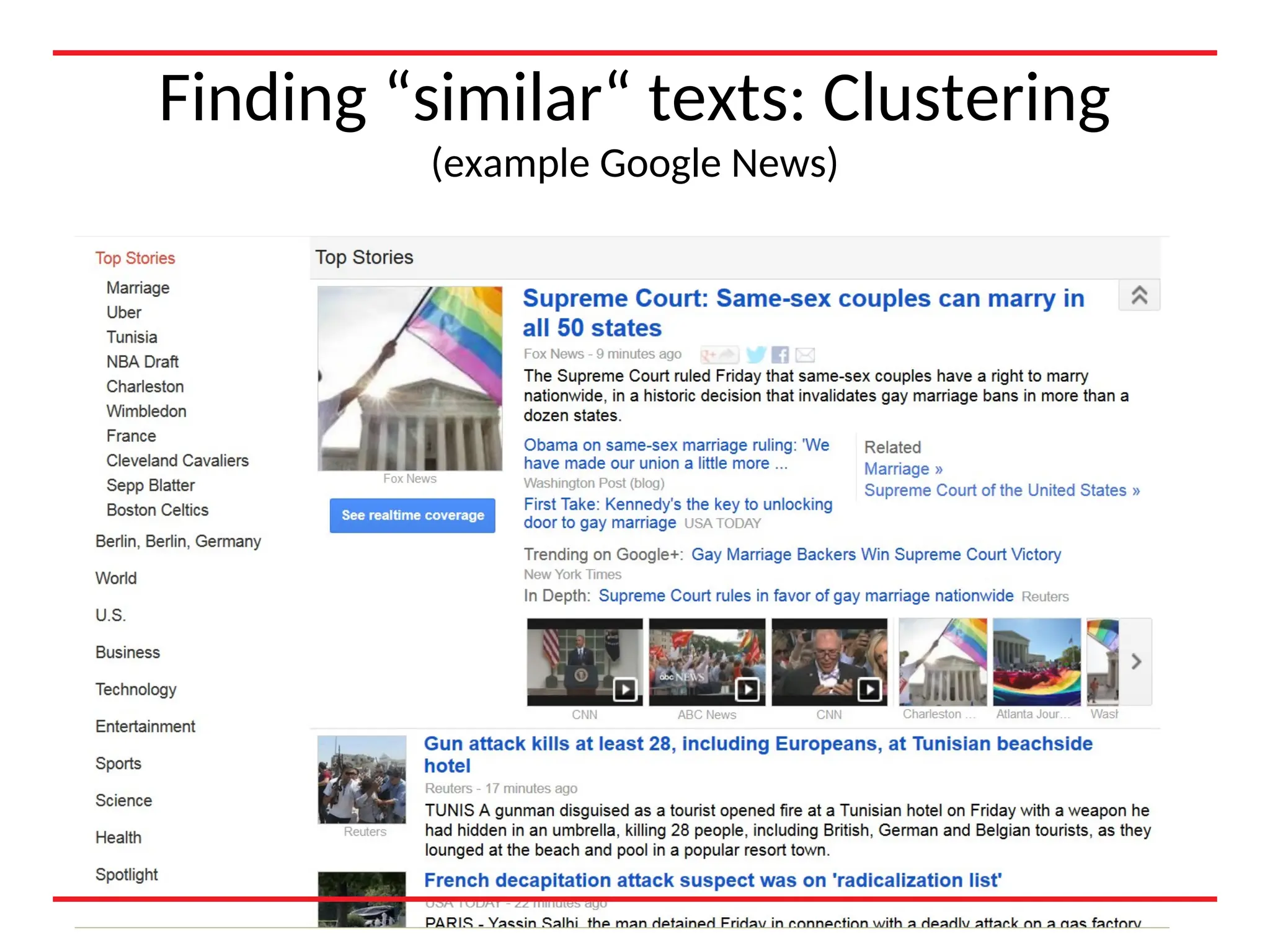 Finding “similar“ texts: Clustering
(example Google News)
27
 