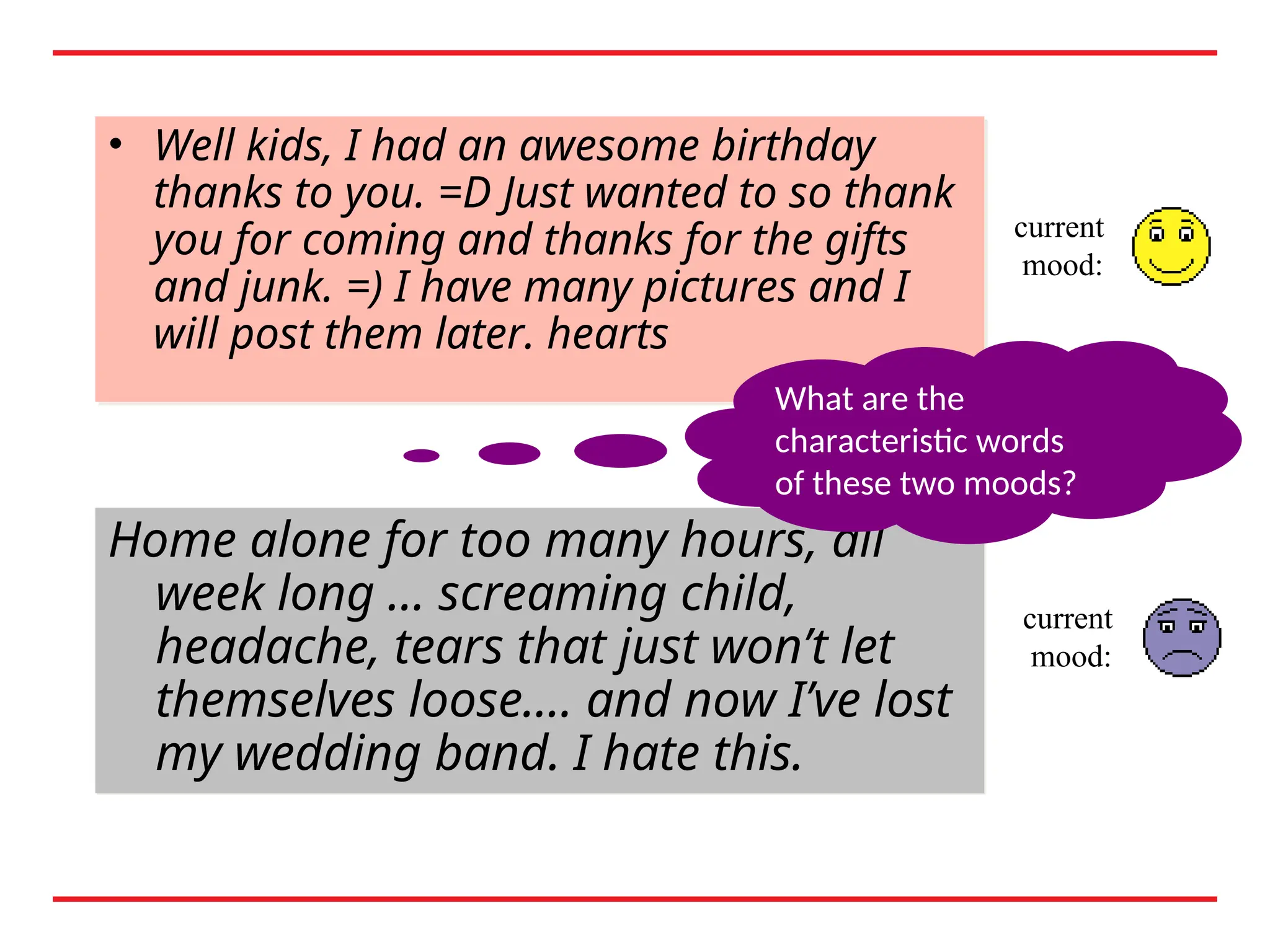 • Well kids, I had an awesome birthday
thanks to you. =D Just wanted to so thank
you for coming and thanks for the gifts
and junk. =) I have many pictures and I
will post them later. hearts
current
mood:
Home alone for too many hours, all
week long ... screaming child,
headache, tears that just won’t let
themselves loose.... and now I’ve lost
my wedding band. I hate this.
current
mood:
What are the
characteristic words
of these two moods?
 