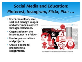 Social Media and Education:
Pinterest, Instagram, Flickr, Pixlr …
 Users can upload, save,
 sort and manage images
 and other media content
 through collections.
 Organization on the
 internet, not in a folder.
 Use for presentations
 and projects.
 Create a board to
 promote final
 assignments.                 http://www.flickr.com/photos/greatbritishchefs/6788358738/
 