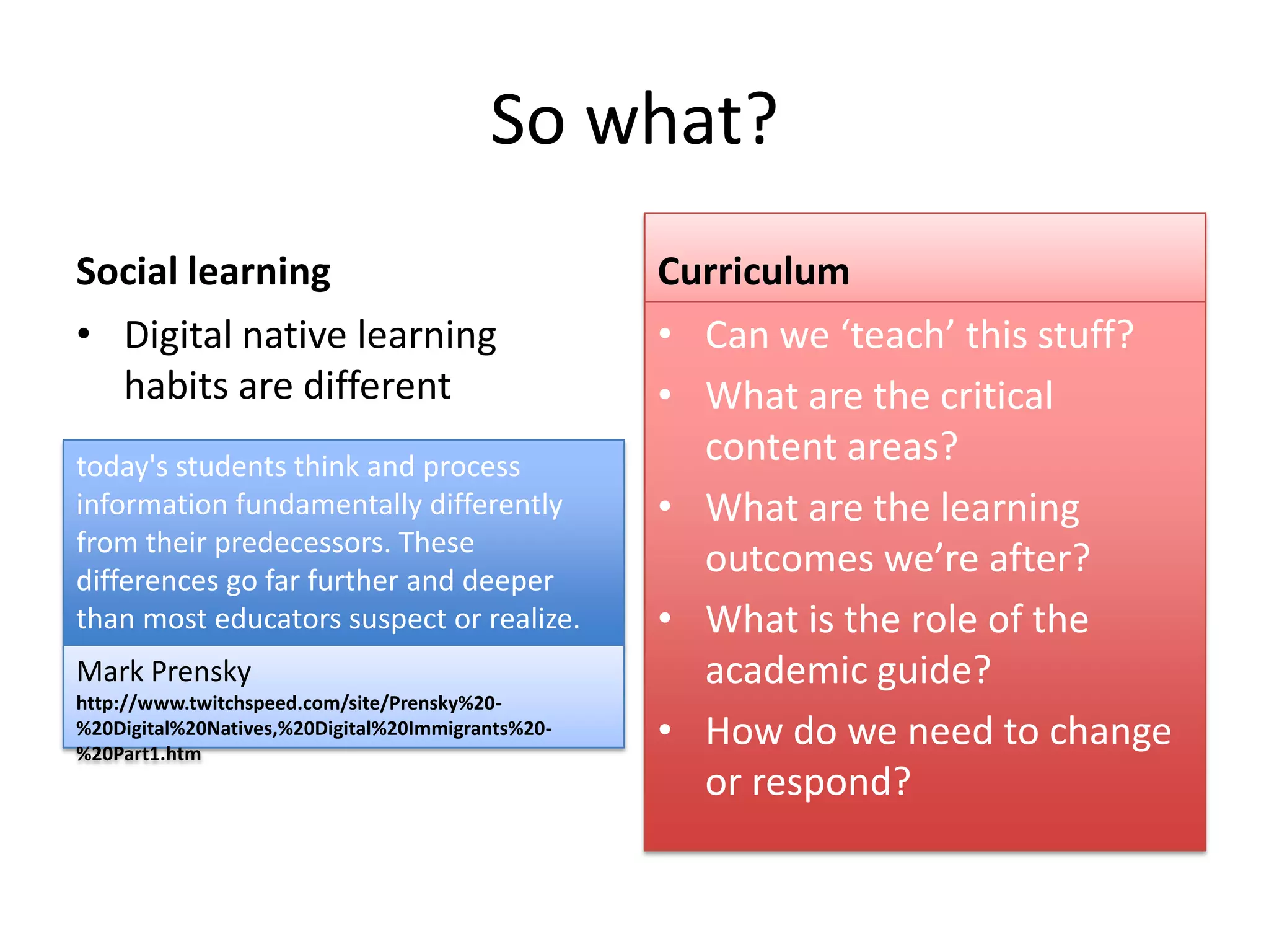 So what?
Social learning                                    Curriculum
• Digital native learning                          • Can we ‘teach’ this stuff?
  habits are different                             • What are the critical
today's students think and process
                                                     content areas?
information fundamentally differently              • What are the learning
from their predecessors. These
differences go far further and deeper
                                                     outcomes we’re after?
than most educators suspect or realize.            • What is the role of the
Mark Prensky                                         academic guide?
http://www.twitchspeed.com/site/Prensky%20-
%20Digital%20Natives,%20Digital%20Immigrants%20-
%20Part1.htm
                                                   • How do we need to change
                                                     or respond?
 