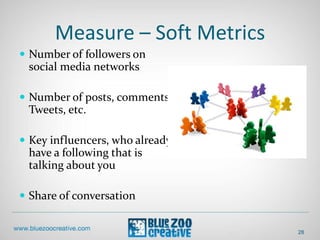 Measure – Soft Metrics
28
 Number of followers on
social media networks
 Number of posts, comments,
Tweets, etc.
 Key influencers, who already
have a following that is
talking about you
 Share of conversation
 