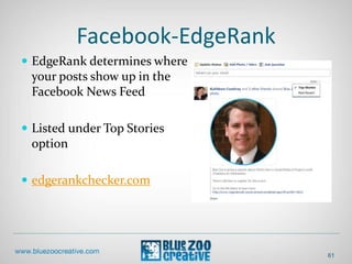 Facebook-EdgeRank
 EdgeRank determines where
your posts show up in the
Facebook News Feed
 Listed under Top Stories
option
 edgerankchecker.com
61
 