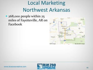 Local Marketing
Northwest Arkansas
 268,000 people within 25
miles of Fayetteville, AR on
Facebook
65
 