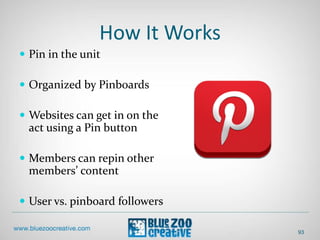 How It Works
 Pin in the unit
 Organized by Pinboards
 Websites can get in on the
act using a Pin button
 Members can repin other
members’ content
 User vs. pinboard followers
93
 