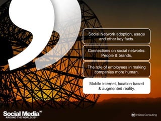 Social Network adoption, usageandotherkeyfacts.Connections on socialnetworks: People & brands.The role of employees in making companies more human.Mobile internet, location based & augmented reality.