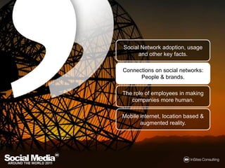 Social Network adoption, usageandotherkeyfacts.Connections on socialnetworks: People & brands.The role of employees in making companies more human.Mobile internet, locationbased & augmentedreality.