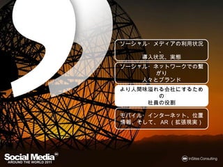 ソーシャル・メディアの利用状況、
    導入状況、実態

ソーシャル・ネットワークでの繋がり
     人々とブランド

より人間味溢れる会社にするための
     社員の役割

モバイル・インターネット、位置情報、
   そして、AR（拡張現実）
 
