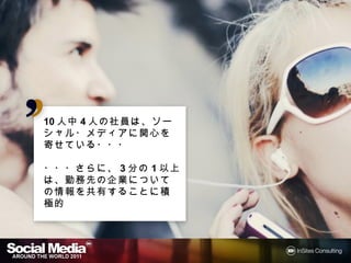 10人中 人の社員は、ソーシャ
  人中4人 社員は
  人中
ル・メディアに関心を寄せてい
  メディアに関心を
る・・・

・・・さらに、3分の1以上は、勤務
・・・さらに、 分
   さらに     以上は
           以上
    企業についての情報を
      についての情報
先の企業についての情報を共有
することに積極的
することに積極的
 