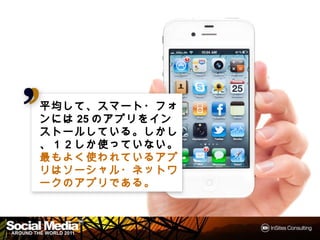 平均して、スマート・フォンには
平均して、スマート・フォンには
   して
25のアプリをインストールして
  のアプリをインストールして
いる。しかし、１２しか
いる。しかし、１２しか使ってい
         しか使
ない。
ない。
最もよく使われているアプリは
  もよく使われているアプリ
            アプリは
ソーシャル・ネットワークの
ソーシャル・ネットワークのアプ
リである。
 である。



                   23
 