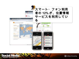 スマート・フォン利用者
スマート・フォン利用者の
         利用者の
12%が、位置情報サービス
   が 位置情報サービス
  利用している
を利用している




                24
 