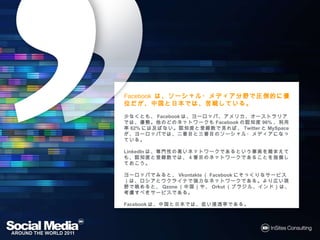 Facebook は、ソーシャル・メディア分野で圧倒的に優位だが、
           ソーシャル・メディア分野で圧倒的に優位だが、
                     分野       だが
中国と日本では、苦戦している
中国と日本では、苦戦している。
         では   している。

少なくとも、Facebookは、ヨーロッパ、アメリカ、オーストラリアでは、優勢。他のど
 なくとも、        は ヨーロッパ、アメリカ、オーストラリアでは 優勢。
                                   では、
のネットワークもFacebookの認知度
 ネットワークも         の認知度96%、利用率
                         、利用率62%には及ばない。認知度と
                                には及
                                には ばない。認知度と
登録数で見れば、TwitterとMySpaceが、ヨーロッパでは、二番目と三番目のソー
登録数で れば、        と      が ヨーロッパでは 二番目と三番目の
                              では、
シャル・メディアになっている
         になっている。
シャル・メディアになっている。

LinkedInは、専門性の高いネットワークであるという事実を踏まえても、認知度と
        は 専門性の  ネットワークであるという事実を まえても、認知度と
                      であるという事実
登録数では 番目のネットワークであることを指摘しておこう
      では、          であることを指摘しておこう。
登録数では、４番目のネットワークであることを指摘しておこう。

ヨーロッパでみると、Vkontakte（Facebookにそっくりなサービス）は、ロシアとウ
ヨーロッパでみると、
       でみると        （        にそっくりなサービス
                            にそっくりなサービス）  ロシアと
クライナで強力なネットワークである。より広い視野で眺めると、Qzone（中国）や、
クライナで強力なネットワークである より広 視野で めると、
                 である。                    （中国）
Orkut（ブラジル、インド）は、考慮すべきサービスである。
     （ブラジル、インド）  考慮すべきサービスである
                     すべきサービスである。

Facebookは、中国と日本では、低い浸透率である。
        は 中国と日本では、
               では   浸透率である。
                       である
 