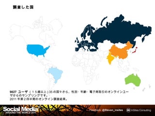 調査した国
 調査した国
   した




9027 ユーザ (１５歳以上) 35の国々から、性別・年齢・電子商取引のオンラインユーザからのサ
ンプリングです。
2011年第２四半期のオンライン調査結果。


                                Feedback: @Steven_insites
                                                            5
 