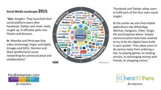 Social Media Landscape 2015.
“Out: Google+. They launched their
social platform years after
Facebook, Twitter and never re...