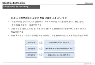 11(주)유비온
SMU Insight
Service Key-Concept (Conceptual)
Social Media Insights
Social Media as a Learning
• 미래 지식정보사회의 새로운 학습 모델로 소셜 러닝 부상
– ‘소셜’이라는 단어가 ICT와 결합하며, ‘사회적’이라는 의미를 넘어 참여, 개방, 공유,
협업 등을 포괄하는 개념으로 진화
– 소셜 러닝은 블로그, SNS 등 소셜 미디어를 학습 플랫폼으로 활용하여, 소셜의 효과가
학습으로 연결
– 미래 지식정보사회로의 도약을 위한 사회적 니즈를 충족시키는 신개념 학습 모델로 주목
 