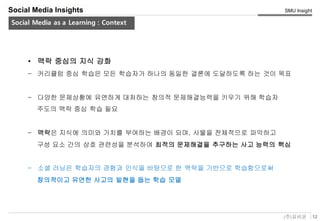 12(주)유비온
SMU Insight
Service Key-Concept (Conceptual)
Social Media Insights
Social Media as a Learning : Context
• 맥락 중심의 지식 강화
– 커리큘럼 중심 학습은 모든 학습자가 하나의 동일한 결론에 도달하도록 하는 것이 목표
– 다양한 문제상황에 유연하게 대처하는 창의적 문제해결능력을 키우기 위해 학습자
주도의 맥락 중심 학습 필요
– 맥락은 지식에 의미와 가치를 부여하는 배경이 되며, 사물을 전체적으로 파악하고
구성 요소 간의 상호 관련성을 분석하여 최적의 문제해결을 추구하는 사고 능력의 핵심
– 소셜 러닝은 학습자의 경험과 인식을 바탕으로 한 맥락을 기반으로 학습함으로써
창의적이고 유연한 사고의 발현을 돕는 학습 모델
 