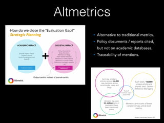 Altmetrics
• Alternative to traditional metrics.
• Policy documents / reports cited,
but not on academic databases.
• Traceability of mentions.
 