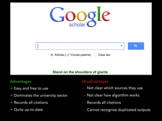 Advantages
+ Easy and free to use
+ Dominates the university sector
+ Records all citations
+ Quite up-to-date
Disadvantages
— Not clear which sources they use
— Not clear how algorithm works
— Records all citations
— Cannot recognise duplicated outputs
 