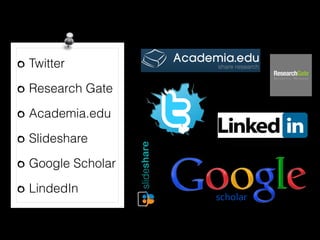Twitter
Research Gate
Academia.edu
Slideshare
Google Scholar
LindedIn
 