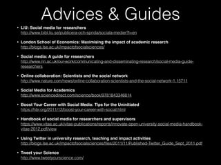 • LiU: Social media for researchers 
http://www.bibl.liu.se/publicera-och-sprida/sociala-medier?l=en
• London School of Economics: Maximising the impact of academic research 
http://blogs.lse.ac.uk/impactofsocialsciences/
• Social media: A guide for researchers 
http://www.rin.ac.uk/our-work/communicating-and-disseminating-research/social-media-guide-
researchers
• Online collaboration: Scientists and the social network 
http://www.nature.com/news/online-collaboration-scientists-and-the-social-network-1.15711
• Social Media for Academics 
http://www.sciencedirect.com/science/book/9781843346814
• Boost Your Career with Social Media: Tips for the Uninitiated 
https://hbr.org/2011/12/boost-your-career-with-social.html
• Handbook of social media for researchers and supervisors 
https://www.vitae.ac.uk/vitae-publications/reports/innovate-open-university-social-media-handbook-
vitae-2012.pdf/view
• Using Twitter in university research, teaching and impact activities  
http://blogs.lse.ac.uk/impactofsocialsciences/ﬁles/2011/11/Published-Twitter_Guide_Sept_2011.pdf
• Tweet your Science 
http://www.tweetyourscience.com/
Advices & Guides
 