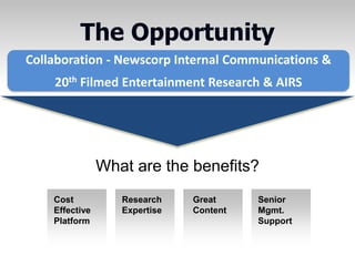 Cost
Effective
Platform
The Opportunity
What are the benefits?
Senior
Mgmt.
Support
Research
Expertise
Great
Content
Collaboration - Newscorp Internal Communications &
20th Filmed Entertainment Research & AIRS
 