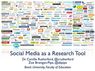 Social Media as a Research Tool
    Dr. Camille Rutherford, @crutherford
         Zoe Branigan-Pipe, @zbpipe
     Brock University, Faculty of Education
 