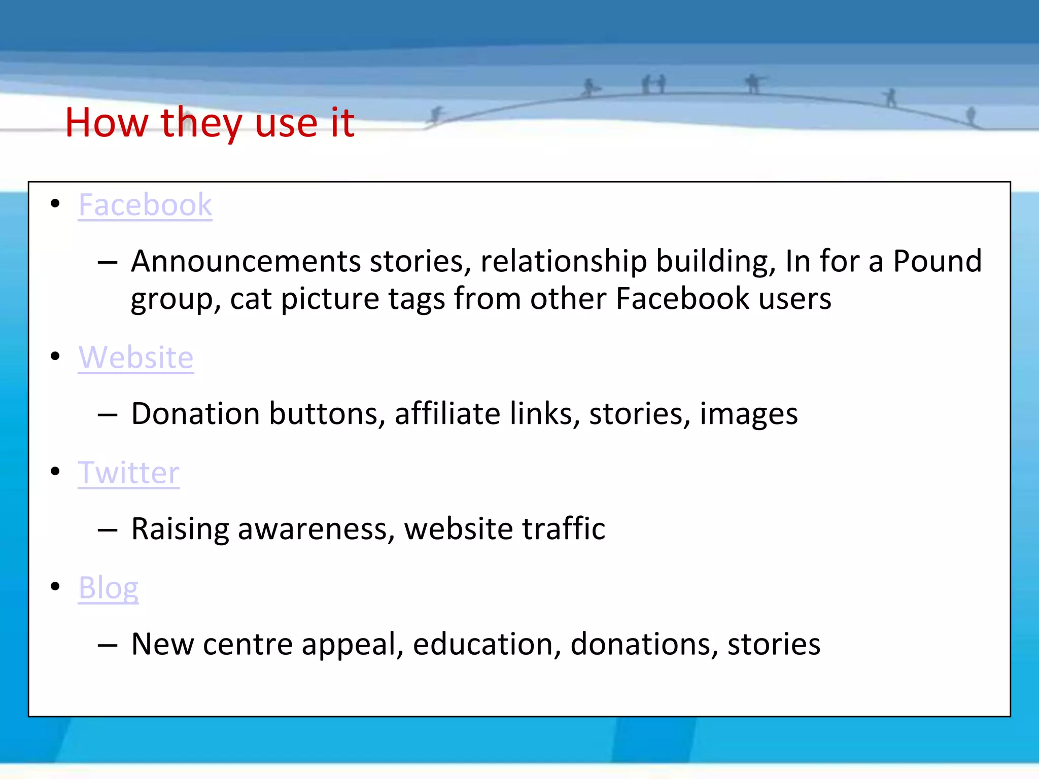 How they use it
• Facebook
     – Announcements stories, relationship building, In for a Pound
       group, cat picture tags from other Facebook users
•
    How they use Social Media
    Website
     – Donation buttons, affiliate links, stories, images
• Twitter
     – Raising awareness, website traffic
• Blog
     – New centre appeal, education, donations, stories
 
