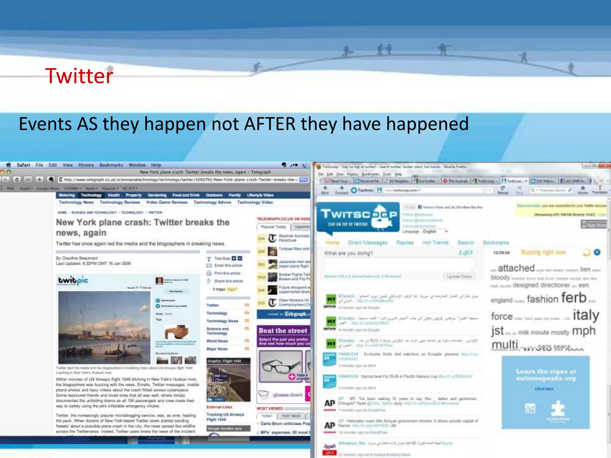 Twitter
Events AS they happen not AFTER they have happened
 