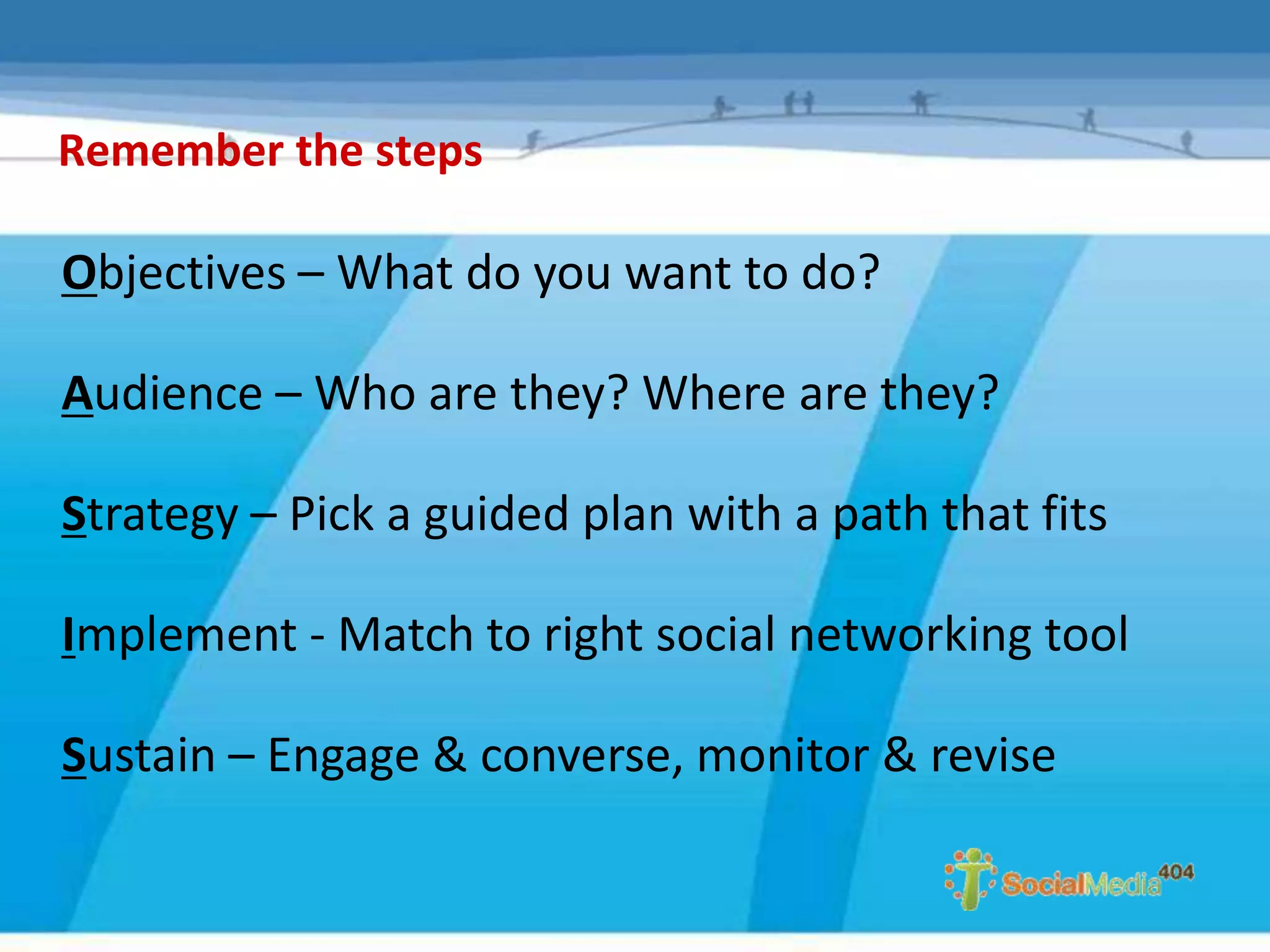 Remember the steps

Objectives – What do you want to do?

Audience – Who are they? Where are they?

Strategy – Pick a guided plan with a path that fits

Implement - Match to right social networking tool

Sustain – Engage & converse, monitor & revise
 