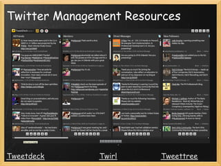 Twitter Management Resources




Tweetdeck                         Twirl                    Tweettree
 
