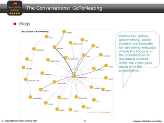 The Conversations: GoToMeeting Blogs names like webex, gotomeeting, adobe connect are fantastic for delivering webcasts where the focus is on the presentation or document content while the video goes along with the presentation. 