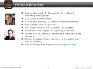 Andreas Forsland, Sr. Director Creative, Global Marketing Management 321 LinkedIn connections 12 LinkedIn groups, 19 LinkedIn recommendations Has SlideShare on his profile On Twitter since March 19, 2009, 151 updates 58 followers on Twitter, 60 following on Twitter  Twitter Bio: Sr. Creative Director at a really cool SaaS company Picture on Twitter (lower) is more business like than that on LinkedIn Has a sophisticated website  www.andybrand.com Profiles of Influencers 