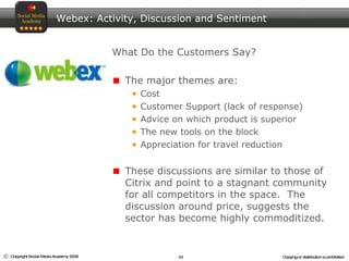 What Do the Customers Say? The major themes are: Cost Customer Support (lack of response) Advice on which product is superior The new tools on the block Appreciation for travel reduction These discussions are similar to those of Citrix and point to a stagnant community for all competitors in the space.  The discussion around price, suggests the sector has become highly commoditized. Webex: Activity, Discussion and Sentiment 