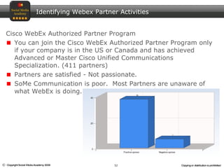 Identifying Webex Partner Activities Cisco WebEx Authorized Partner Program You can join the Cisco WebEx Authorized Partner Program only if your company is in the US or Canada and has achieved Advanced or Master Cisco Unified Communications Specialization. (411 partners) Partners are satisfied - Not passionate. SoMe Communication is poor.  Most Partners are unaware of what WebEx is doing. 