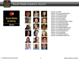 Social Media Academy Alumni Xeesm.com/KM  Xeesm.com/LaureenEarnest  Xeesm.com/MikeDubrall  Xeesm.com/NancyChou Xeesm.com/TomSwift  Xeesm.com/SusanRice  Xeesm.com/CatherineSherwood  Xeesm.com/MarkEldridge  Xeesm.com/ElsomEldridge Xeesm.com/SteveGasser Xeesm.com/MatthiasBeckman Xeesm.com/MatsonSparling Xeesm.com/WendySoucie Xeesm.com/LisaRobb Xeesm.com/RMarkMoore Xeesm.com/BarbaraDaniels 