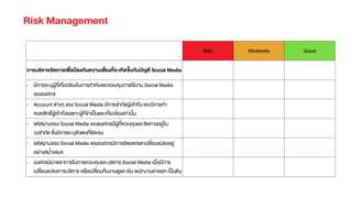 Bad Moderate Good
การบริหารจัดการเพื่อป‡องกันความเสี่ยงที่จะเกิดขึ้นกับบัญชี Social Media
- มีการระบุผูŒที่เกี่ยวขŒองในการกํากับและควบคุมการใชŒงาน Social Media
ขององคกร
- Account ต‹างๆ ของ Social Media มีการจํากัดผูŒเขŒาถึง และมีการกํา
หนดสิทธิ์ผูŒเขŒาถึงเฉพาะผูŒที่จําเปšนและเกี่ยวขŒองเท‹านั้น
- รหัสผ‹านของ Social Media ขององคกรมีผูŒที่ควบคุมและจัดการอยู‹ใน
วงจํากัด ซึ่งมีการระบุตัวตนที่ชัดเจน
- รหัสผ‹านของ Social Media ขององคกรมีการอัพเดทและเปลี่ยนแปลงอยู‹
อย‹างสมํ่าเสมอ
- องคกรมีมาตราการในการควบคุมและบริหาร Social Media เมื่อมีการ
เปลี่ยนแปลงการบริหาร หรือเปลี่ยนทีมงานดูแล เช‹น พนักงานลาออก เปšนตŒน
Risk Management
 