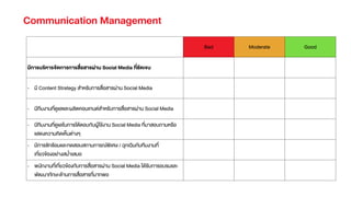 Bad Moderate Good
มีการบริหารจัดการการสื่อสารผ‹าน Social Media ที่ชัดเจน
- มี Content Strategy สําหรับการสื่อสารผ‹าน Social Media
- มีทีมงานที่ดูแลและผลิตคอนเทนตสําหรับการสื่อสารผ‹าน Social Media
- มีทีมงานที่ดูแลในการโตŒตอบกับผูŒใชŒงาน Social Media ที่มาสอบถามหรือ
แสดงความคิดเห็นต‹างๆ
- มีการซักซŒอมและทดสอบสถานการณพิเศษ / ฉุกเฉินกับทีมงานที่
เกี่ยวขŒองอย‹างสมํ่าเสมอ
- พนักงานที่เกี่ยวขŒองกับการสื่อสารผ‹าน Social Media ไดŒรับการอบรมและ
พัฒนาทักษะดŒานการสื่อสารที่มากพอ
Communication Management
 