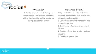 What is it?
Radian6 is a robust social listening and
marketing tool that provides customers
with in-depth insight on how people are
talking about certain brands.
How does it work?
1. Reports on share of voice, sentiment,
inﬂuence, and media sources for speciﬁed
companies and competitors
2. Contains customisable dashboards that
updates in real time
3. Can identify inﬂuencers across several
sources
4. Provides info on demographics and top
keywords
5. Can export speciﬁc data
 