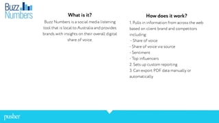 What is it?
Buzz Numbers is a social media listening
tool that is local to Australia and provides
brands with insights on their overall digital
share of voice.
How does it work?
1. Pulls in information from across the web
based on client brand and competitors
including:
- Share of voice
- Share of voice via source
- Sentiment
- Top inﬂuencers
2. Sets up custom reporting
3. Can export PDF data manually or
automatically
 